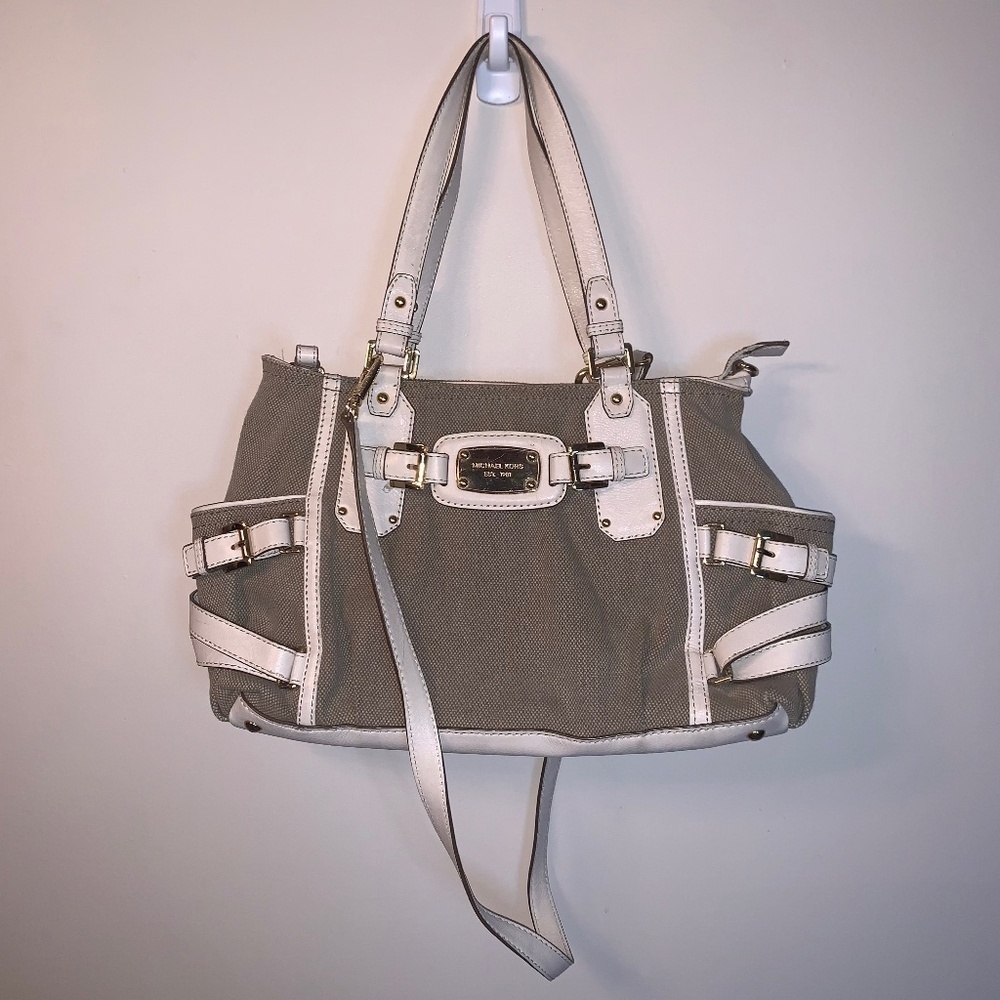 Michael Kors Gansevoort Canvas Satchel Leather Handbag Tan White